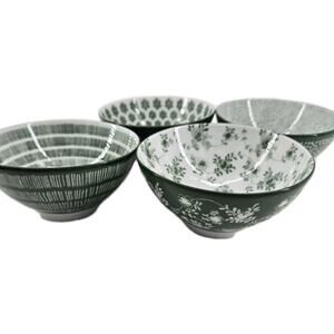 4 IKEA Entusiasm Mixed Pattern Green White 4.75" Porcelain Bowls Rice Dessert